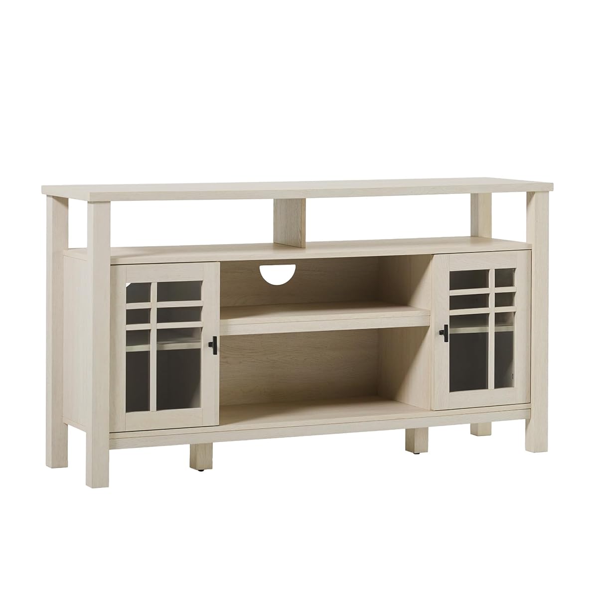 Transitional-Style Windowpane Glass Door Storage Sideboard, 58 Inch, Coastal Oak