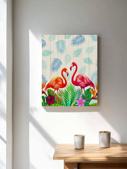 NuYeBiofx Summer Flamingo Flower Leaf Canvas Wall Art Prints,48"x32" Framed Picture Artwork Tropical Leaves Flower Wood Plank Printed Canvas Oil Painting for Living Room Bedroom Office,Ready to Hang