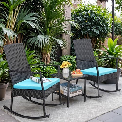 3 Pieces Patio Furniture Set Outdoor Wicker Rocking Chairs with Glass Coffee Table for Garden Backyard Porch Poolside, Blue
