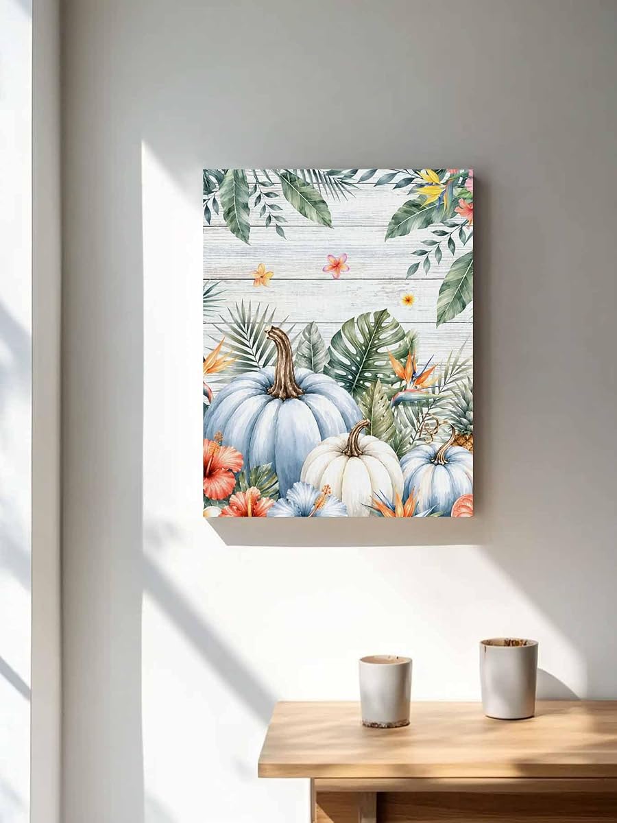 NuYeBiofx Fall Pumpkin Tropical Plant Canvas Wall Art Prints,48"x32" Framed Picture Artwork Thanksgiving Flower Farm Wood Printed Canvas Oil Painting for Living Room Bedroom Office,Ready to Hang