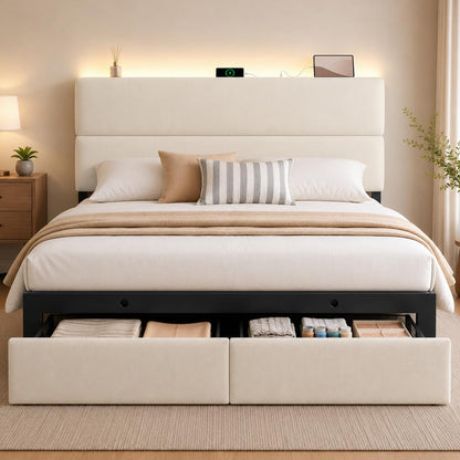 Queen Bed Frame with 2 Storage Drawers, Beige Velvet Upholstered