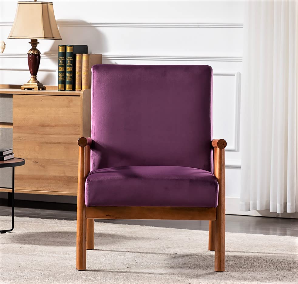 Container Furniture Classic Living Room Mid Century Modern Accent Chair with Unique Open-Framed Arm Design and Solid Wood Frame, Velvet Armchair, Eggplant