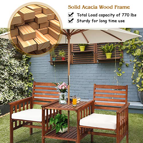 Acacia Wood Loveseat, 3pcs Outdoor Table Chairs Set, Patio Conversation Set w/Coffee Table and Soft Cushions, 2.1-inch Umbrella Hole, 2-Seater Furniture Set (White)