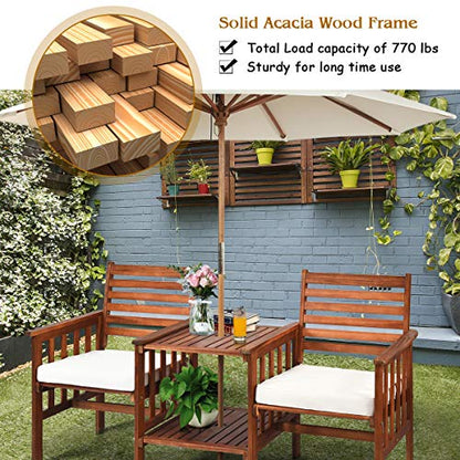 Acacia Wood Loveseat, 3pcs Outdoor Table Chairs Set, Patio Conversation Set w/Coffee Table and Soft Cushions, 2.1-inch Umbrella Hole, 2-Seater Furniture Set (White)