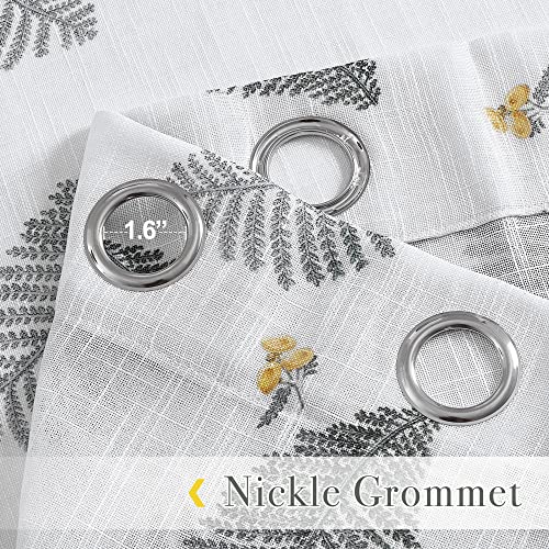 Floral Sheer Curtains - Linen Textured, Leaves Print Embroidery Boho Curtains Grommet Top Durable View Through for Teens Bedroom, Kitchen, Living Room, W 50" x L 84", 2 Panels, White