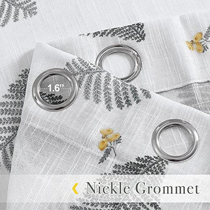 Floral Sheer Curtains - Linen Textured, Leaves Print Embroidery Boho Curtains Grommet Top Durable View Through for Teens Bedroom, Kitchen, Living Room, W 50" x L 84", 2 Panels, White
