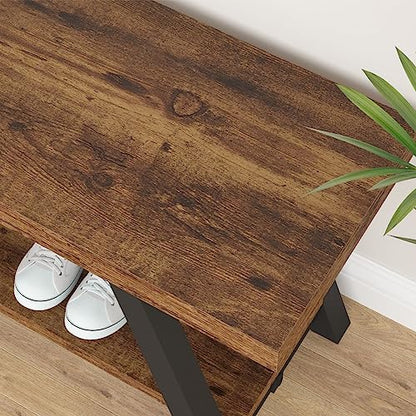 Wood Bench, Industrial Storage Entryway Indoor Bench for Bedroom Hallway Living Room, Rustic Famhouse Wooden Metal Shoe Rack Accent Foyer Bench Seat for Entrance Sitting, Rustic Brown, 47 in Long