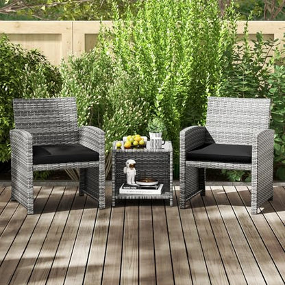 3 Pieces Patio Furniture Set, PE Rattan Outdoor Chairs with Tempered Glass Coffee Table & Soft Seat Cushions, Patio Bistro Set, Outdoor Conversation Set for Porch, Backyard Poolside (Black)