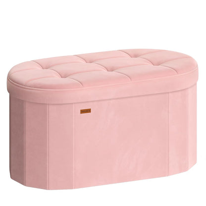 SONGMICS Mazie Collection - Folding Ottoman with Storage, Oval Storage Ottoman Bench, for Living Room, Bedroom, Velvet Fabric, 15 x 30 x 15 Inches, Jelly Pink ULSF267SA01