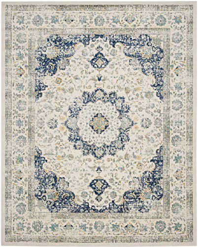 SAFAVIEH Area Rug 8x10 - Evoke Collection - Large - Ivory & Blue, Shabby Chic Oriental Medallion Design, Non-Shedding & Easy to Clean, Ideal for Living Room, Bedroom, Dining Space (EVK220C)