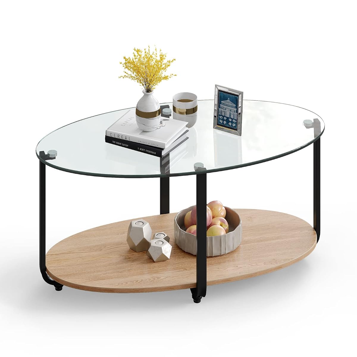 Glass Coffee Table, 2 Tier Oval Tea Table with Tempered Glass Tabletop and Wooden Shelf, Modern Glass Sofa Center Table for Home Office, Metal Legs, Home Decor Accent Cocktail Table
