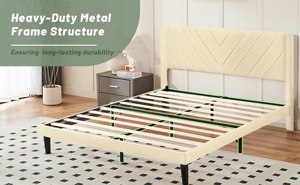 Queen Size Platform Bed Frame with Velvet Headboard, Wing Edge, view 6