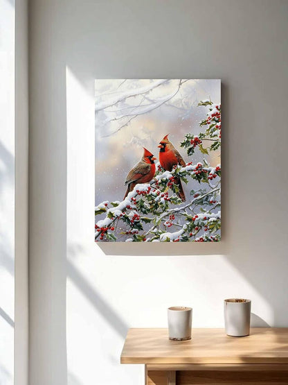 NuYeBiofx Christmas Red Bird on Tree Branch Canvas Wall Art Prints,30"x20" Framed Picture Artwork Winter Berry Snow Scenery Printed Canvas Oil Painting for Living Room Bedroom Office,Ready to Hang