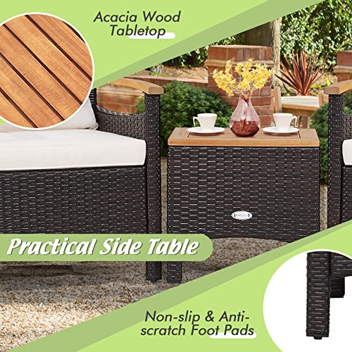 3-Piece Patio Furniture Set, Patiojoy Outdoor Rattan Sofa Set with Coffee Table, Patio Conversation Set with Removable Cushion, Cozy Acacia Wood Armrests for Backyard, Poolside (Off White)