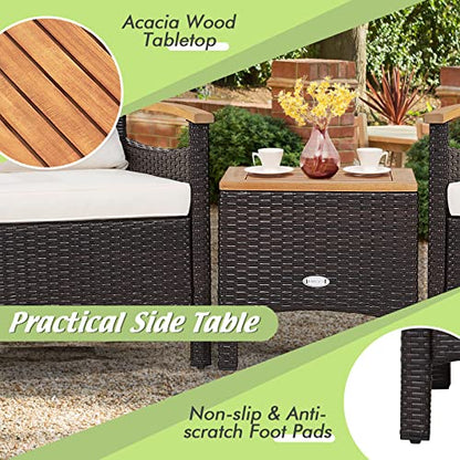 3-Piece Patio Furniture Set, Patiojoy Outdoor Rattan Sofa Set with Coffee Table, Patio Conversation Set with Removable Cushion, Cozy Acacia Wood Armrests for Backyard, Poolside (Off White)