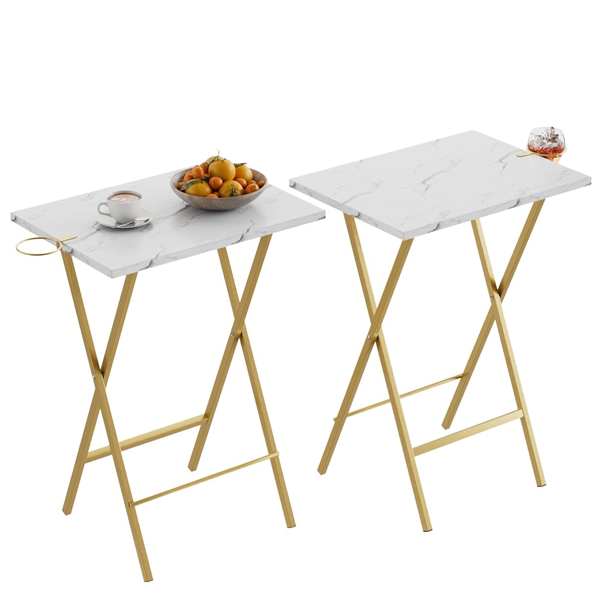 Folding TV Tray for Eating Set of 2, Portable Dinner/Snack Table with Cup Holder for Couch, Living Room and Small Space, Gold
