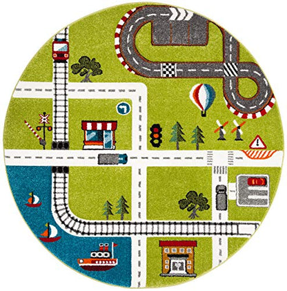 SAFAVIEH Carousel Kids Collection 4' Round Green / Ivory CRK192Y Neighborhood Nursery Playroom Area Rug