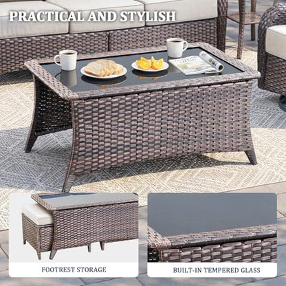 Luxury Swivel Rocker Chair Sofa Set with 6" Thick Cushions,8-Piece Wicker Patio Chair with Coffee Table and Ottoman,Outdoor Comfortable High Back Chair Patio Furniture Set - Brown | Beige