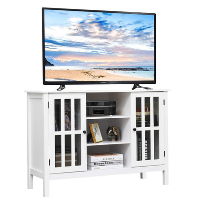 White TV Stand, Modern Tall Entertainment Center for TVs up to 50", Media Console w/2 Storage Cabinets & 3 Open Shelves, Wire Hole, Wood TV Console Table for Living Room, White