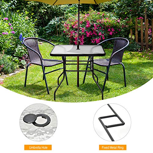32" Square Outdoor Dining Table with Tempered Glass Top, Outside Bistro Table with 2" Umbrella Hole & Metal Frame, Patio Dining Table for Backyard, Lawn, Deck & Poolside