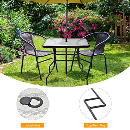 32" Square Outdoor Dining Table with Tempered Glass Top, Outside Bistro Table with 2" Umbrella Hole & Metal Frame, Patio Dining Table for Backyard, Lawn, Deck & Poolside