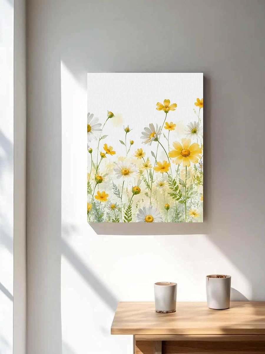 NuYeBiofx Garden Flowers Daisy Canvas Wall Art Prints,30"x20" Framed Picture Artwork Minimalist Pastoral Floral Art Printed Canvas Oil Painting for Living Room Bedroom Office,Ready to Hang