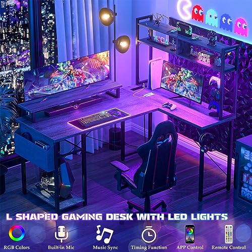 Small L Shaped Desk Gaming Desk with LED Lights & Power Outlets, view 4