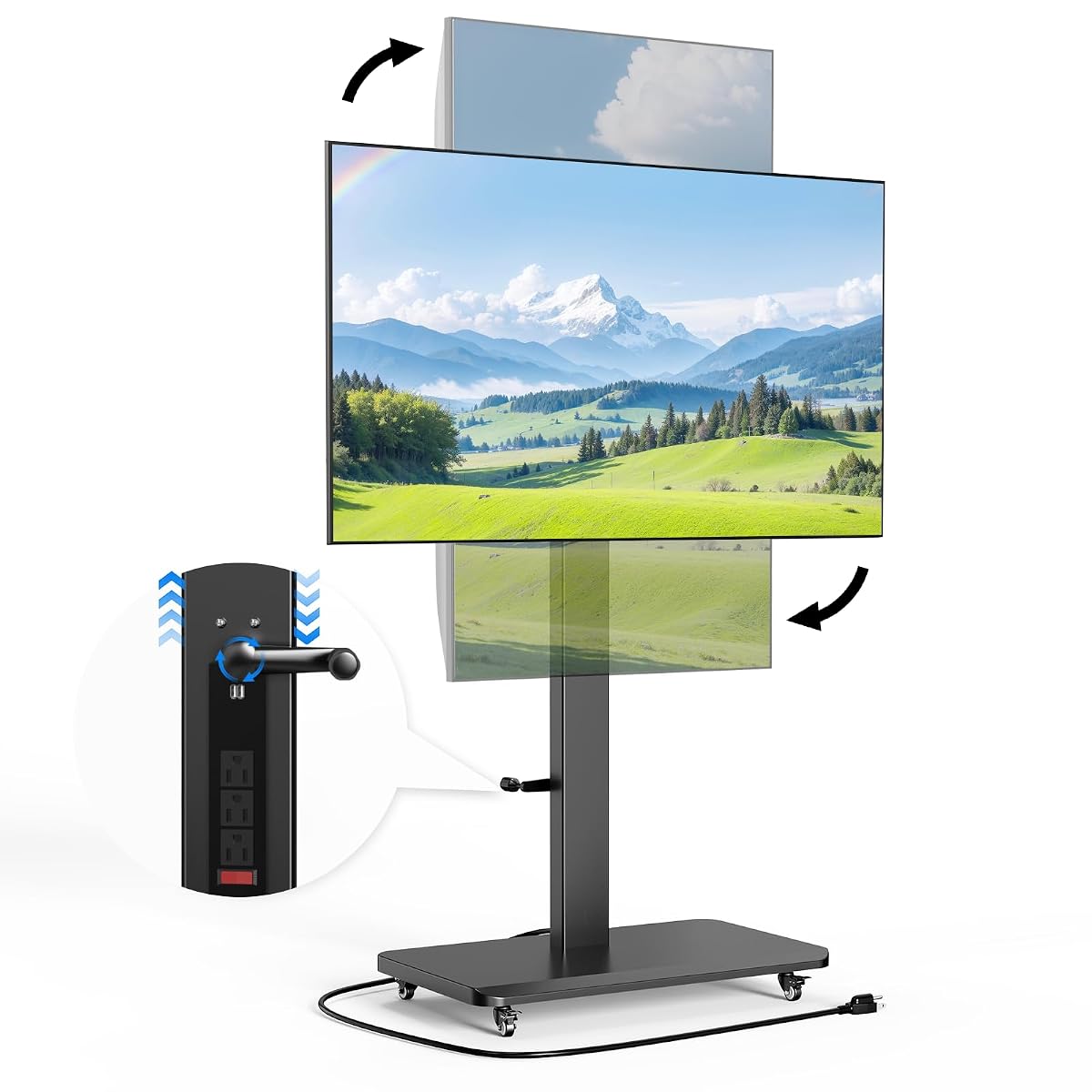 Mobile TV Stand with Power Outlet, Height Adjustable with Handle Stepless Lift,Rolling TV Stand for 32-75inch TVs with 90 Rotating,Portrait to Landscape,TV Cart with Wheels Holds up to 110lbs (Black)