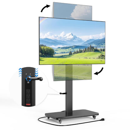 Mobile TV Stand with Power Outlet, Height Adjustable with Handle Stepless Lift,Rolling TV Stand for 32-75inch TVs with 90 Rotating,Portrait to Landscape,TV Cart with Wheels Holds up to 110lbs (Black)