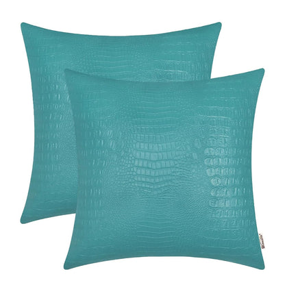 Faux Leather Pillow Covers 18 X 18 Inches, Teal Leather Pillow Covers Pack of 2, Crocodile Leather Decorative Throw Pillows for Living Room Couch Bed Sofa Home