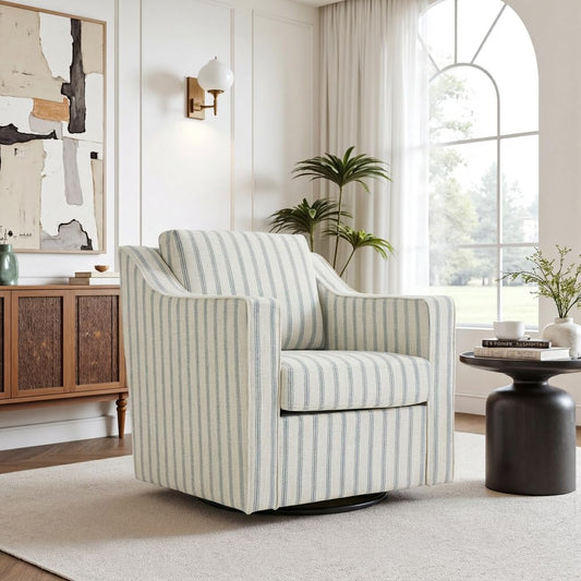 Swivel Accent Chair, 360° Swivel Upholstered Club Armchairs for Living Room, Comfy Fabric Single Sofa Reading Chair with Deep Seat, Metal Swivel Base, Pinstripe Light Blue