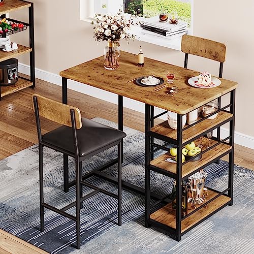Kitchen Table Set, Dining Table and Chairs for 2 with Storage Shelf, Dining Room Table Set with 2 Upholstered Chairs, Bar Dining Table Set for Small Spaces, Apartment, Rustic Brown