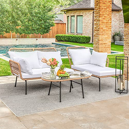 Outdoor Patio Furniture Set, Outdoor Sectional Conversation Rope Woven L-Shaped Sofa Set with Patio Table and Thick Cushions for Backyard Porch Balcony Garden, White