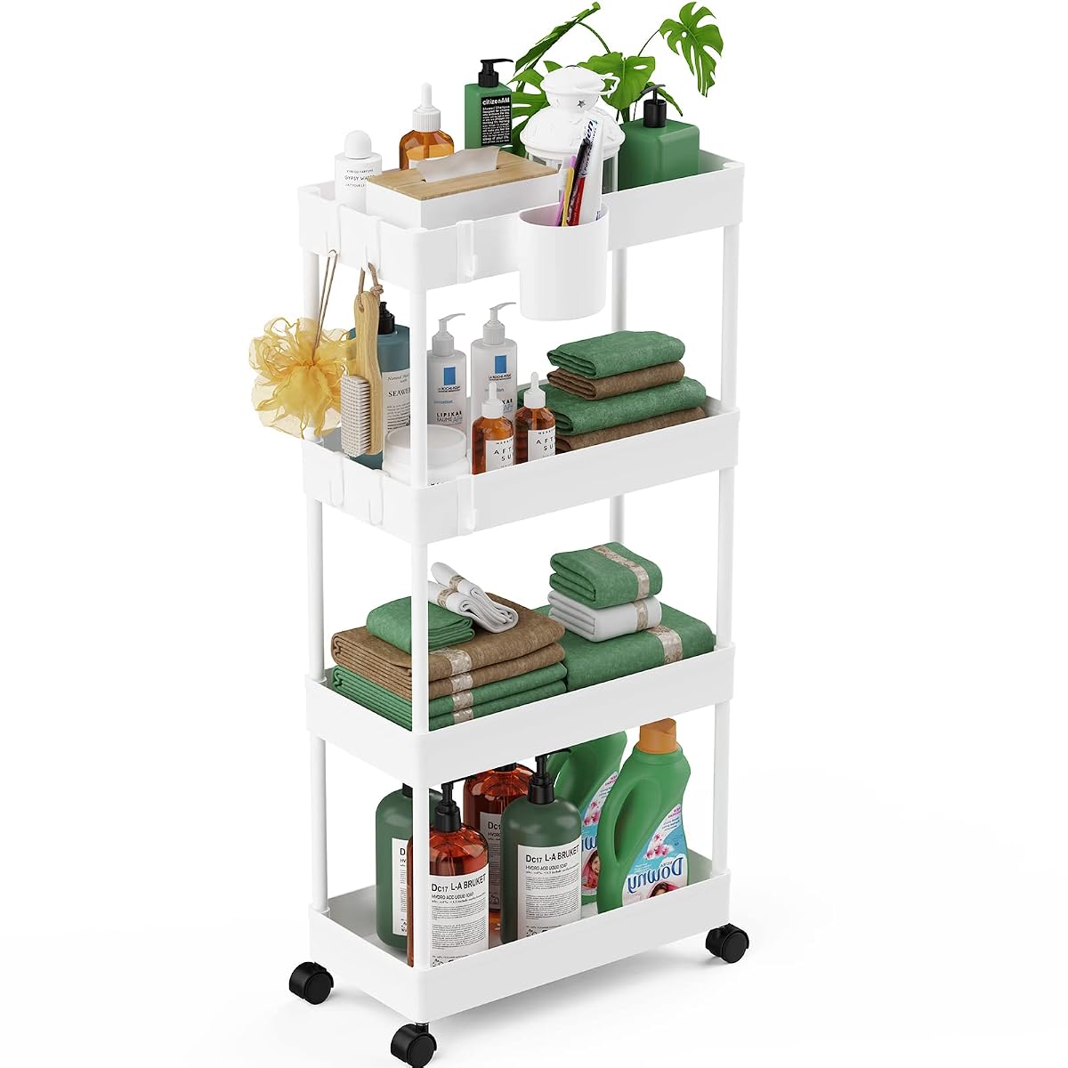 Slim Rolling Storage Cart - 4 Tiers Bathroom Organizer Utility Cart