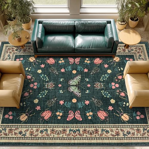 Dark Green Area Rugs 8x10 for Living Room Vintage Rustic Rug for Hardwood Floor Protector Non Slip Washable Insect Colorful Butterfly Floral Green Background 8x10 Carpet for Bedroom Dining Room