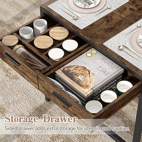 65" Dining Table Set for 4-6, 3-Piece Kitchen Set with 2 Utensil Drawers, 2 Benches & Wine Rack, Space Saving & Heavy Duty, with Metal Frame & MDF Board, Brown