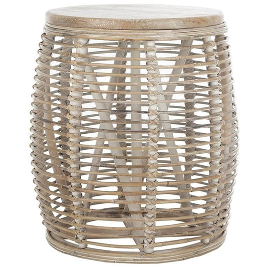 Furniture - Maui Rattan Drum Stool Table - Grey White-Wash - Rattan - Coastal Woven Design - Fully Assembled - Ideal for Living Room, Bedroom, Patio - Fully Assembled (STL6500A)