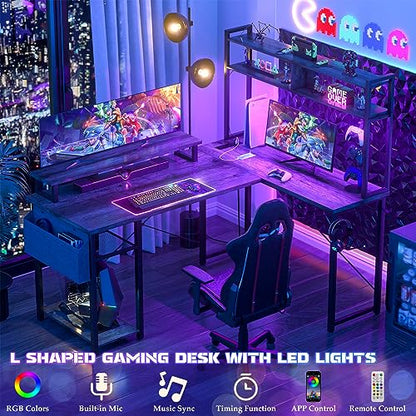 Small L Shaped Gaming Desk with LED Lights & Power Outlets, Reversible L-Shaped Computer Desk with Monitor Stand & Storage Shelf, Corner Desks Home Office Desk with Storage Bag, Grey Oak