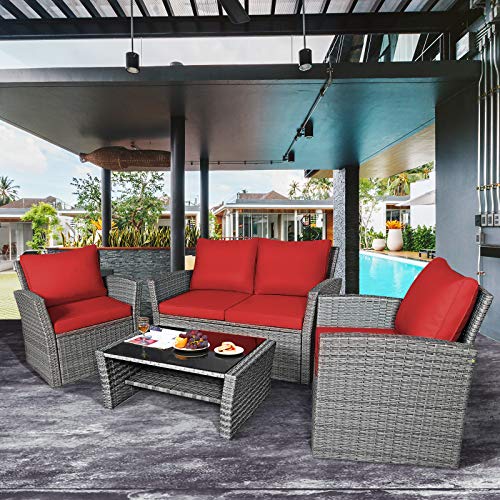 4 Pieces Patio Rattan Furniture Set, Outdoor Wicker Sofa Set with Tempered Glass Coffee Table, Cushions, All Weather Rattan Conversation Set for Yard Balcony Backyard Pool (Red)