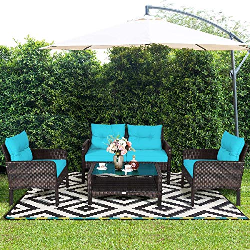 4-Piece Patio Furniture Set Outdoor Rattan Wicker Conversation Set with Coffee Table, Sectional Sofa Bistro Set with Cushions for Garden Poolside Backyard