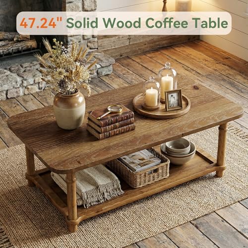 47" Rectangle Coffee Table, Solid Wood Center Table with 2-Tier Storage, Modern Farmhouse Coffee Furniture for Living Room, Home & Family Room, Natural Brown