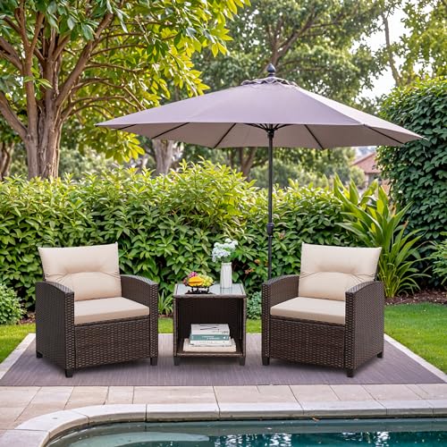 3 Pieces Patio Furniture Sets Outdoor PE Rattan Wicker Chairs with Soft Cushion and Glass Coffee Table for Garden Backyard Porch Poolside, Beige