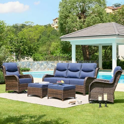 Luxury High Back Patio Furniture Set with 6-Inch Thick Cushion, 5-Piece Outdoor Conversation Set with Sofa, Swivel Rocker Chairs & Ottomans, Ideal for Porch Pool Deck Yard (Blue)