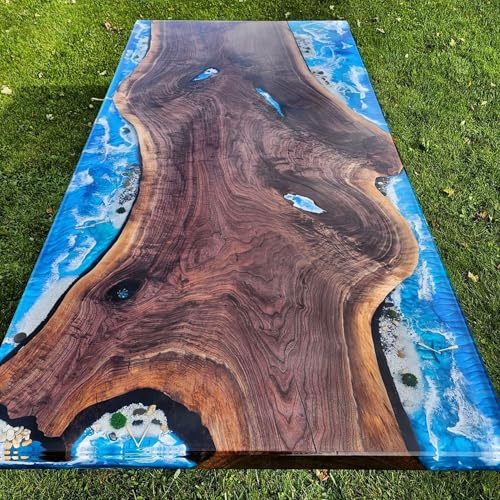 RESINHOMEFURNITURE Handcrafted Blue Seaside Look Furniture Epoxy Resin Dining Table Living Room Table Coffee Table Kitchen Table Conference Table Bar Counter Top Wooden Table Console Table Patio Table
