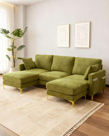 99.6" 3-Seat U-Shaped Sectional Sofa, Green | Chenille Upholstered, 2 Movable Ottomans, Cloud-Like Seat, 2 Throw Pillows, Comfy Deep Seat, Living Room, Apartment, Office