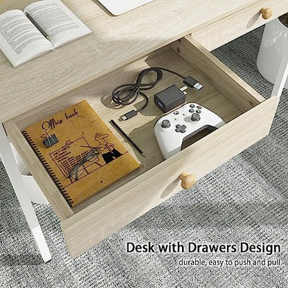 Computer Desk with Drawers, Home Office Desk for Writing, Studying, and Gaming - Sturdy and Spacious Workstation for PC and Laptop(Beige)
