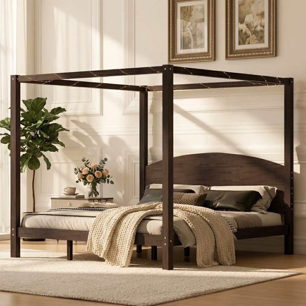 Wood King Size Canopy Bed Frame with Headboard and Storage, Brown