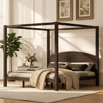 Wood King Size Canopy Bed Frame with Headboard and Storage, Brown