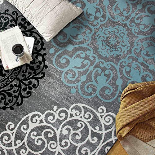 Modern Floral Scroll Area Rug, Fade-Resistant Carpet for Bedroom, Office, or Living Room, Gray, 6'6" x 9'