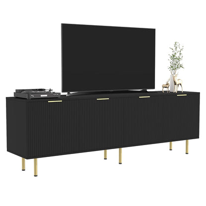 TV Stand for 80 Inch TV, Fluted TV Stand for Living Room, Mid Century Modern TV Stand with Adjustable Shelf, TV Entertainment Center with Storage for Bedroom, 70Inch, Black